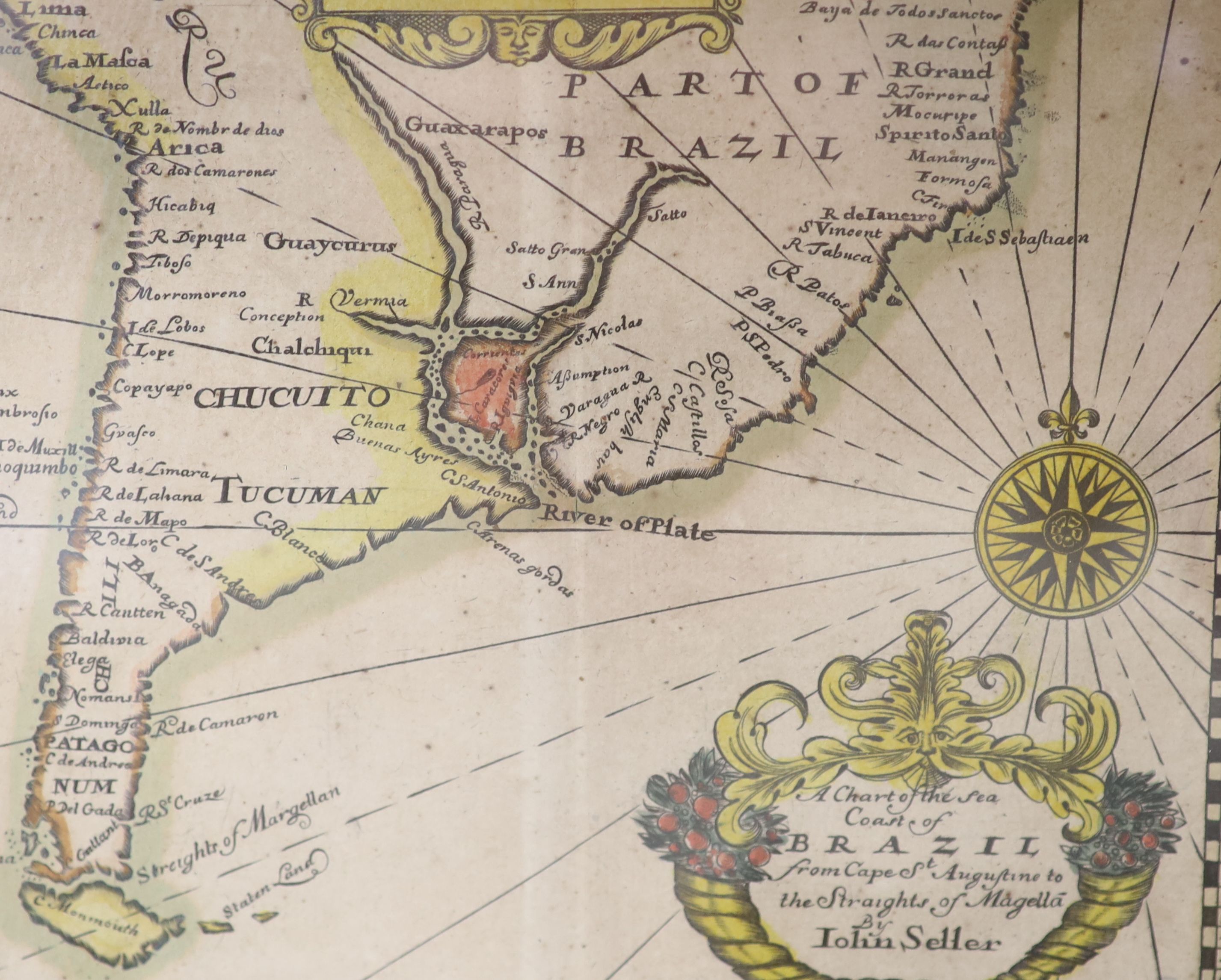 John Seller, coloured engraving, A chart of the sea coasts of Brazil, 13 x 15cm and two Map of Brighton, 12 x 17cm